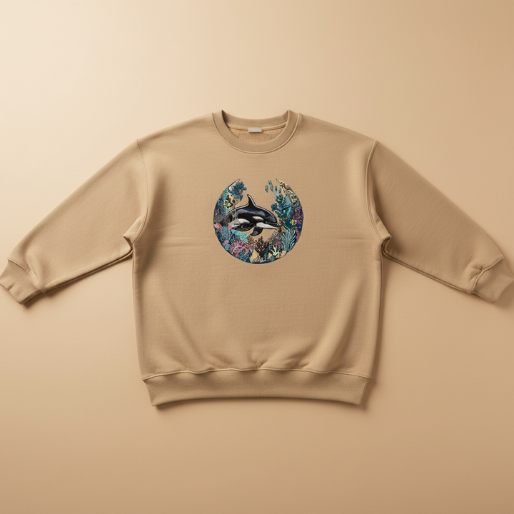 Oceanic Dreamscape Orca Coral — Premium Embroidered Unisex Crewneck | Original EmbroMania Design