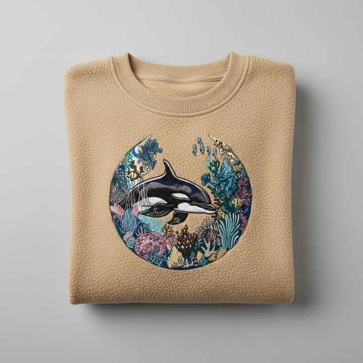 Oceanic Dreamscape Orca Coral — Premium Embroidered Unisex Crewneck | Original EmbroMania Design