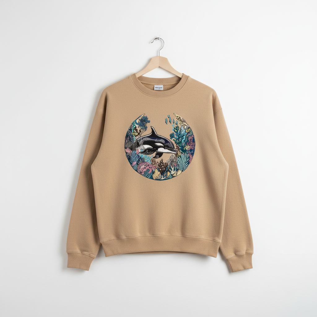 Oceanic Dreamscape Orca Coral — Premium Embroidered Unisex Crewneck | Original EmbroMania Design