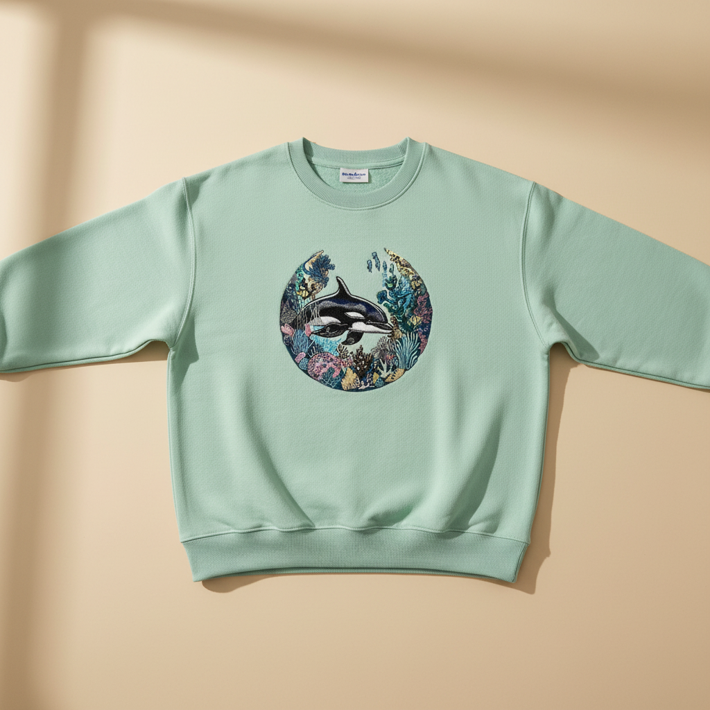 Oceanic Dreamscape Orca Coral — Premium Embroidered Unisex Crewneck | Original EmbroMania Design