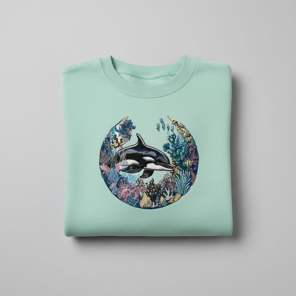 Oceanic Dreamscape Orca Coral — Premium Embroidered Unisex Crewneck | Original EmbroMania Design