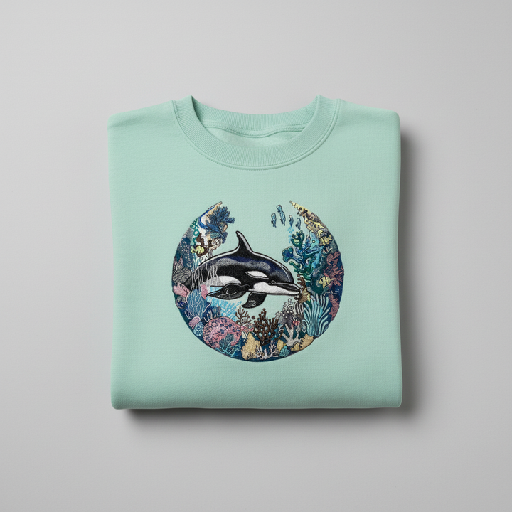 Oceanic Dreamscape Orca Coral — Premium Embroidered Unisex Crewneck | Original EmbroMania Design