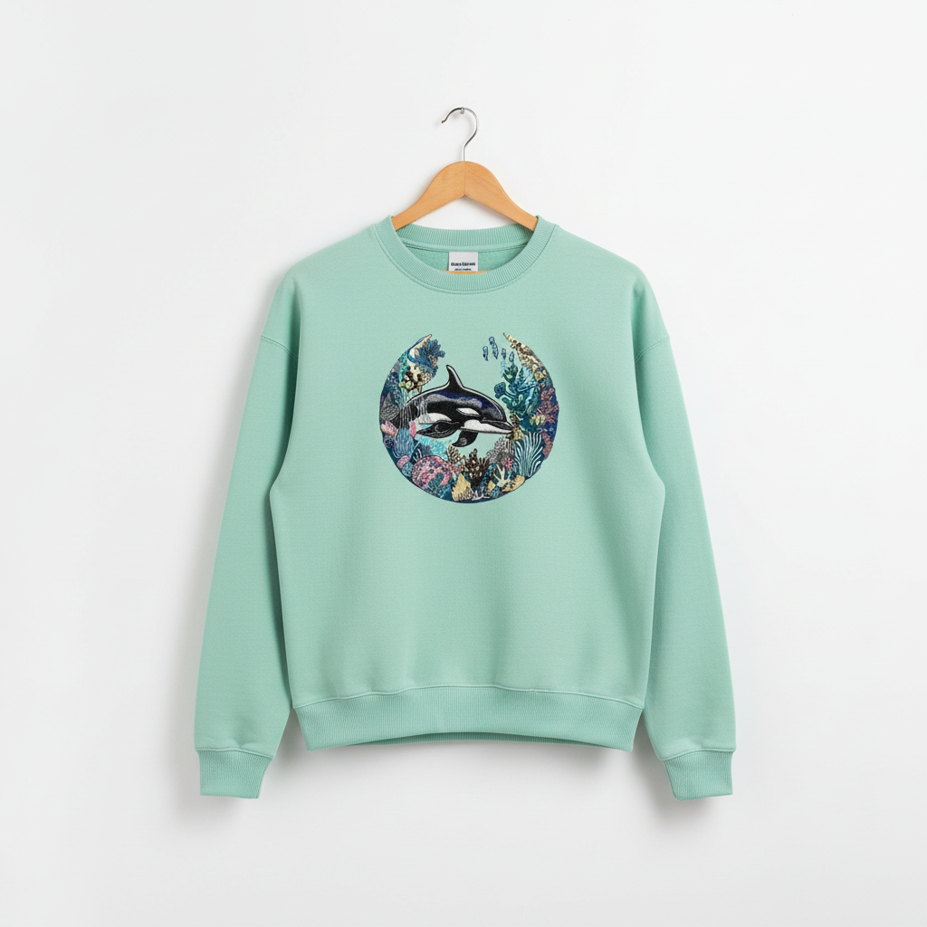 Oceanic Dreamscape Orca Coral — Premium Embroidered Unisex Crewneck | Original EmbroMania Design