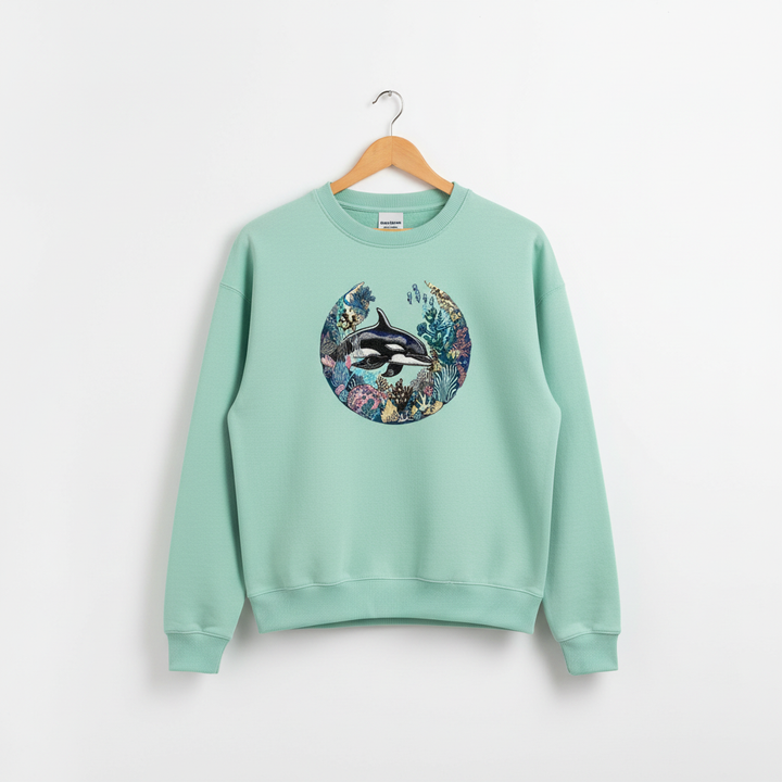 Oceanic Dreamscape Orca Coral — Premium Embroidered Unisex Crewneck | Original EmbroMania Design