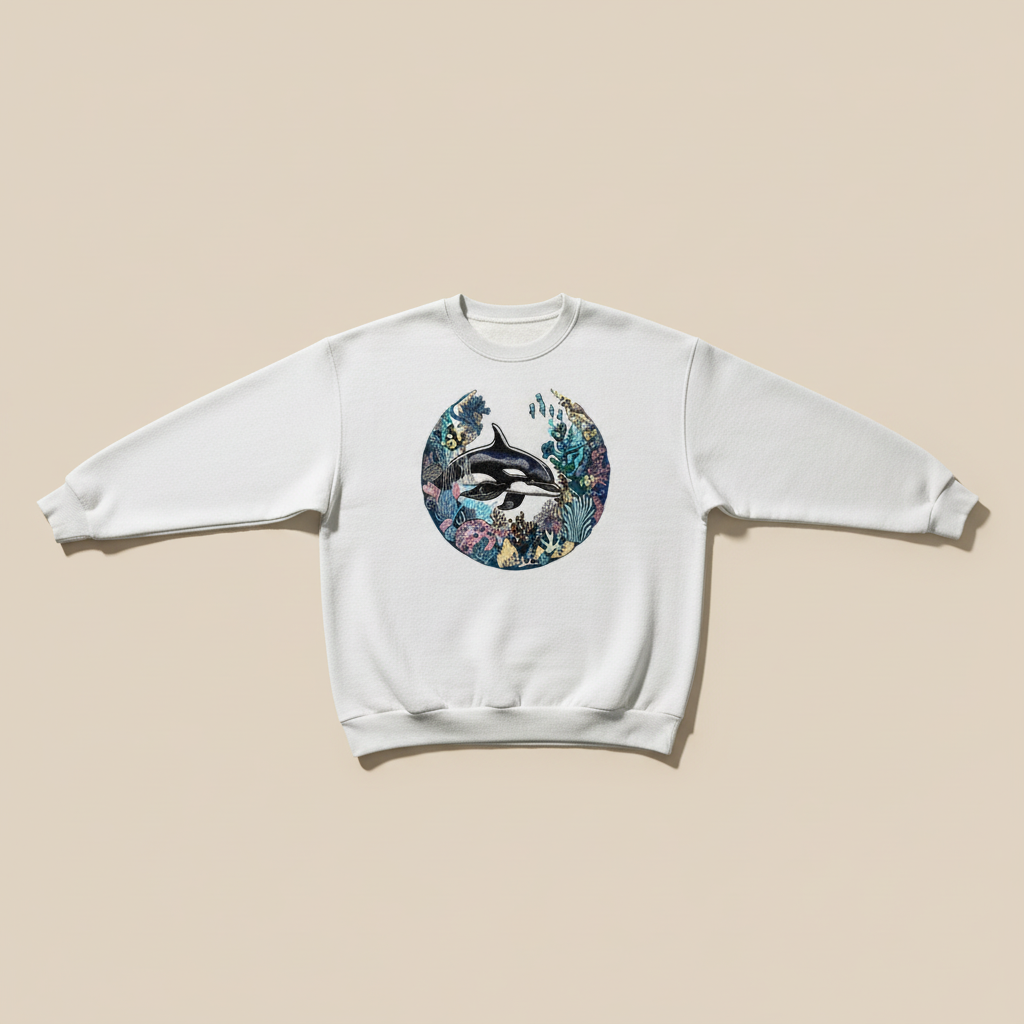 Oceanic Dreamscape Orca Coral — Premium Embroidered Unisex Crewneck | Original EmbroMania Design