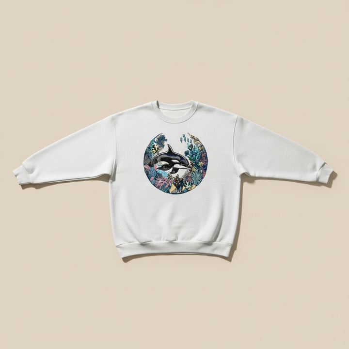 Oceanic Dreamscape Orca Coral — Premium Embroidered Unisex Crewneck | Original EmbroMania Design