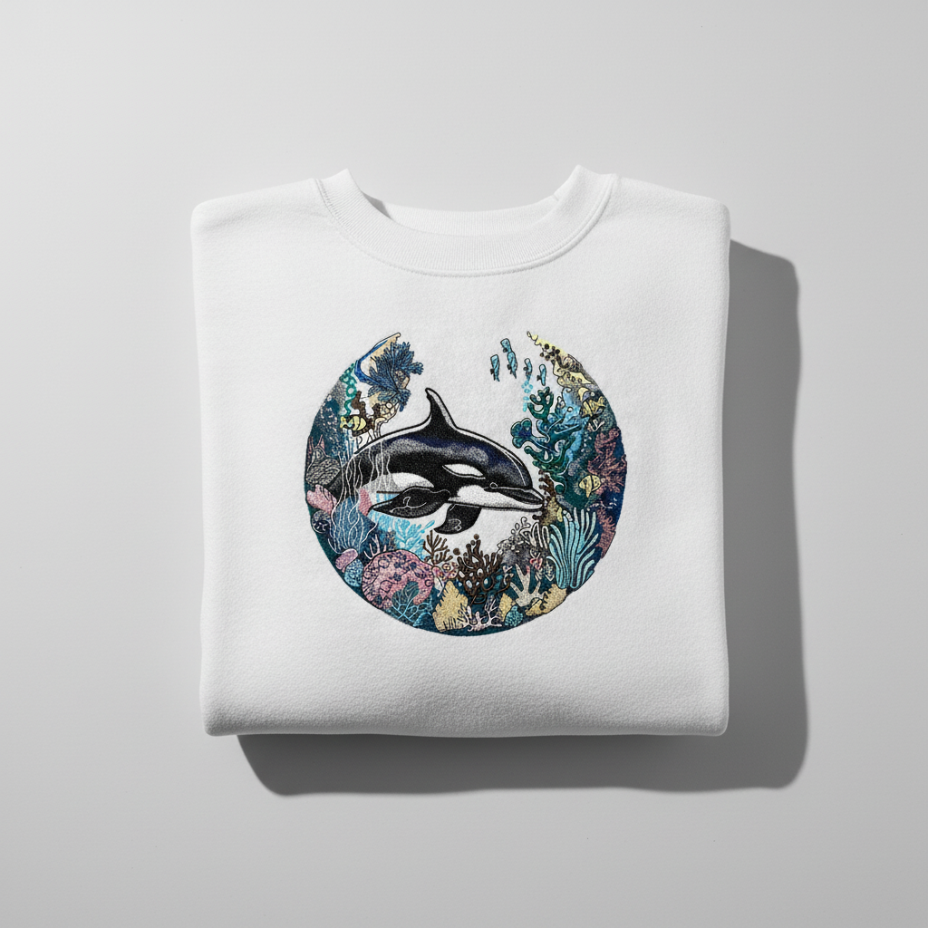 Oceanic Dreamscape Orca Coral — Premium Embroidered Unisex Crewneck | Original EmbroMania Design