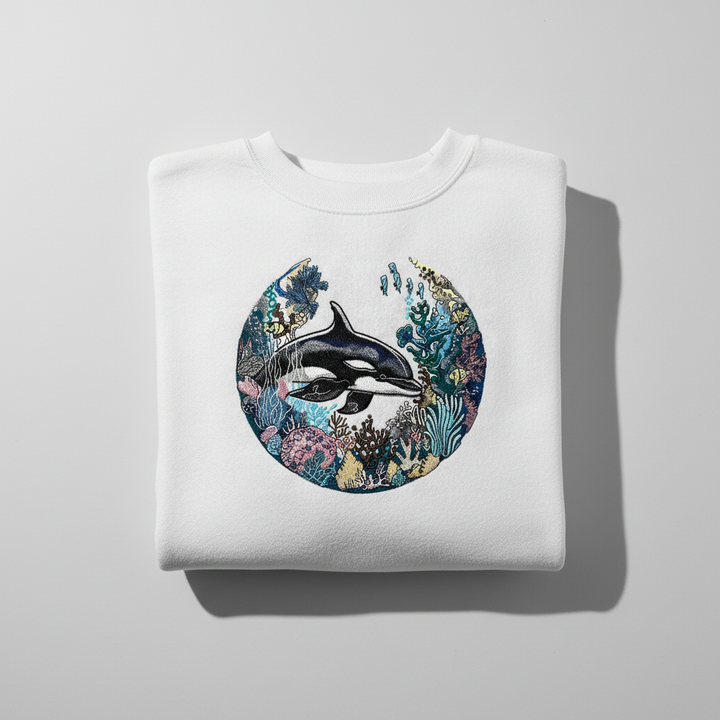 Oceanic Dreamscape Orca Coral — Premium Embroidered Unisex Crewneck | Original EmbroMania Design