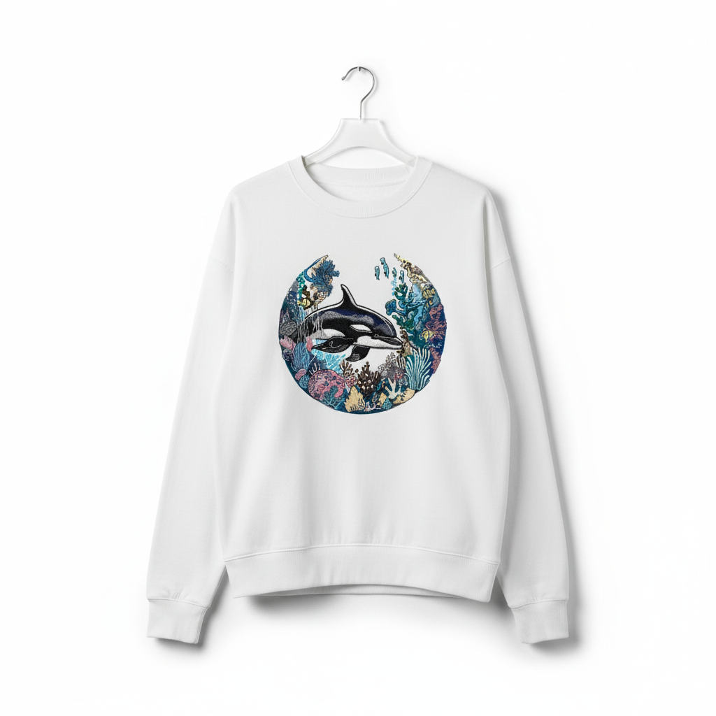 Oceanic Dreamscape Orca Coral — Premium Embroidered Unisex Crewneck | Original EmbroMania Design
