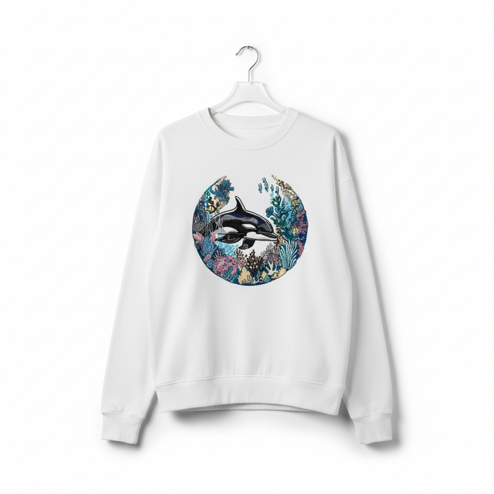 Oceanic Dreamscape Orca Coral — Premium Embroidered Unisex Crewneck | Original EmbroMania Design