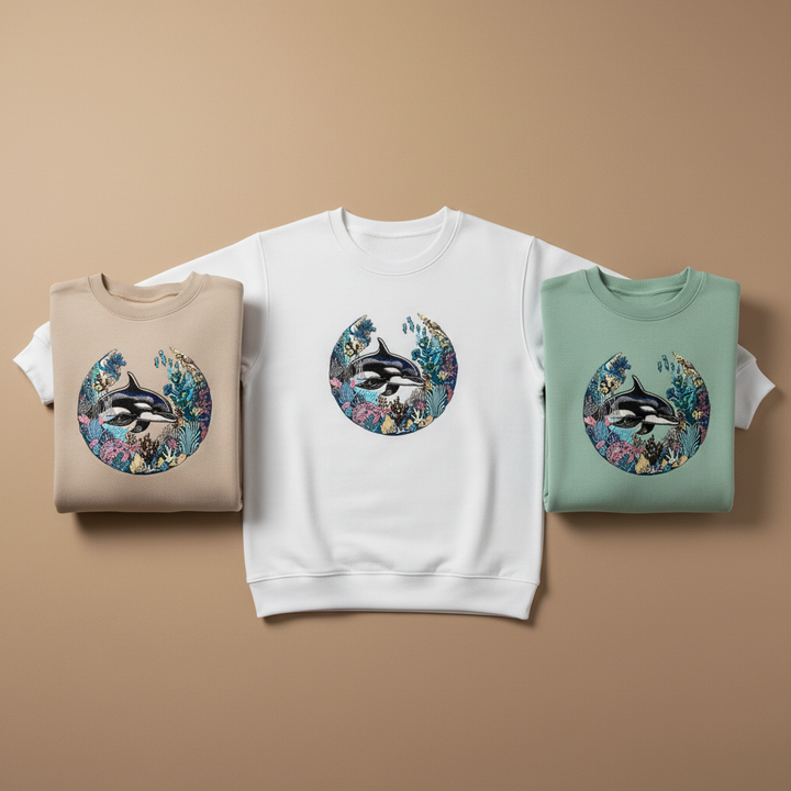 Oceanic Dreamscape Orca Coral — Premium Embroidered Unisex Crewneck | Original EmbroMania Design
