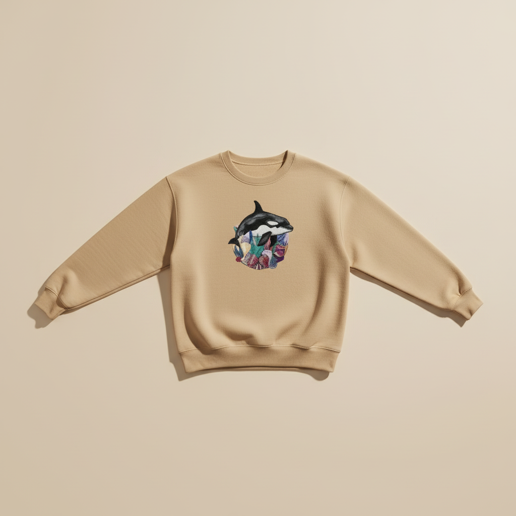 Ocean Spirit Orca Reef Garden — سويت شيرت (Crewneck) فاخر مطرّز للجنسين | تصميم أوريجينال (Original) من EmbroMania