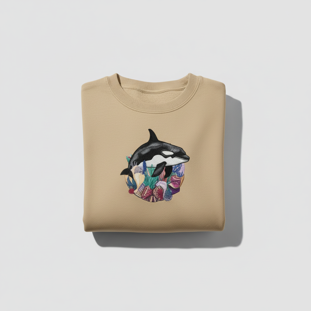 Ocean Spirit Orca Reef Garden — سويت شيرت (Crewneck) فاخر مطرّز للجنسين | تصميم أوريجينال (Original) من EmbroMania