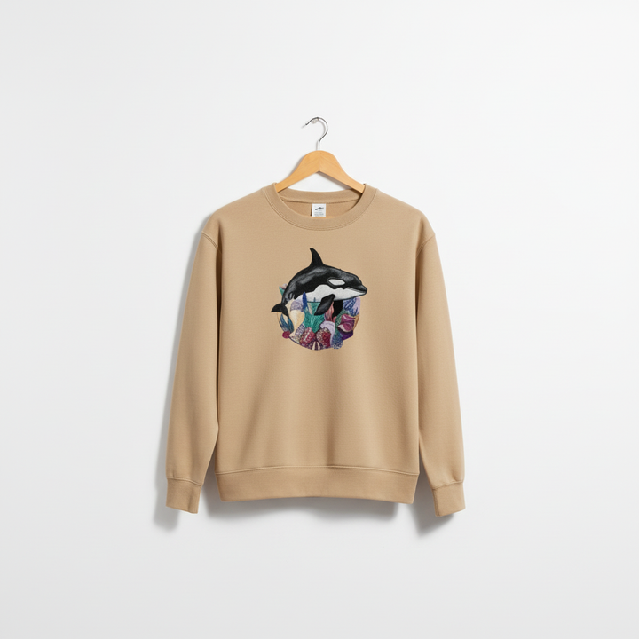 Ocean Spirit Orca Reef Garden — سويت شيرت (Crewneck) فاخر مطرّز للجنسين | تصميم أوريجينال (Original) من EmbroMania