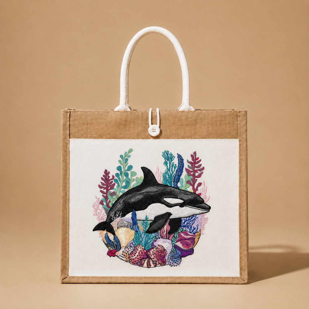 Tote bag with an orca whale and coral design on a beige background