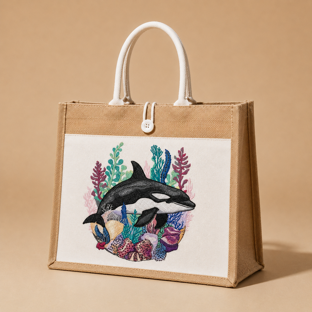 Jute bag with an embroidered design of a whale and colorful seaweed on a beige background