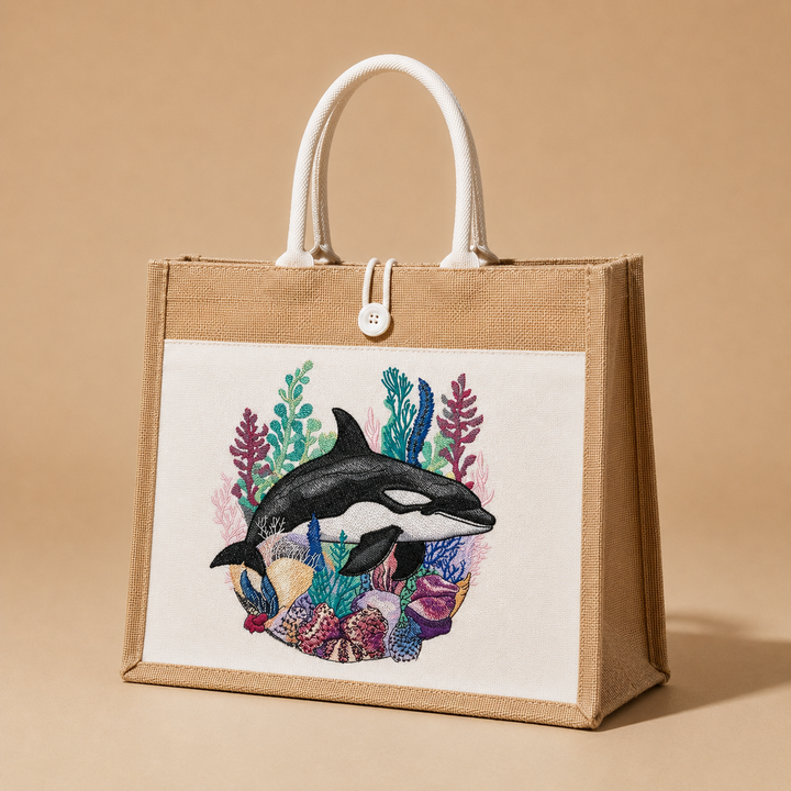 Jute bag with an embroidered design of a whale and colorful seaweed on a beige background