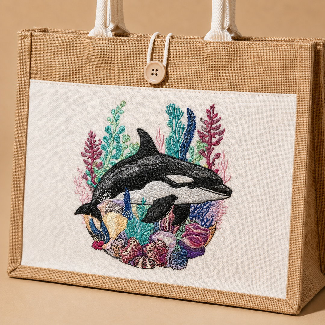 Tote bag with an embroidered design of an orca surrounded by colorful coral on a beige background
