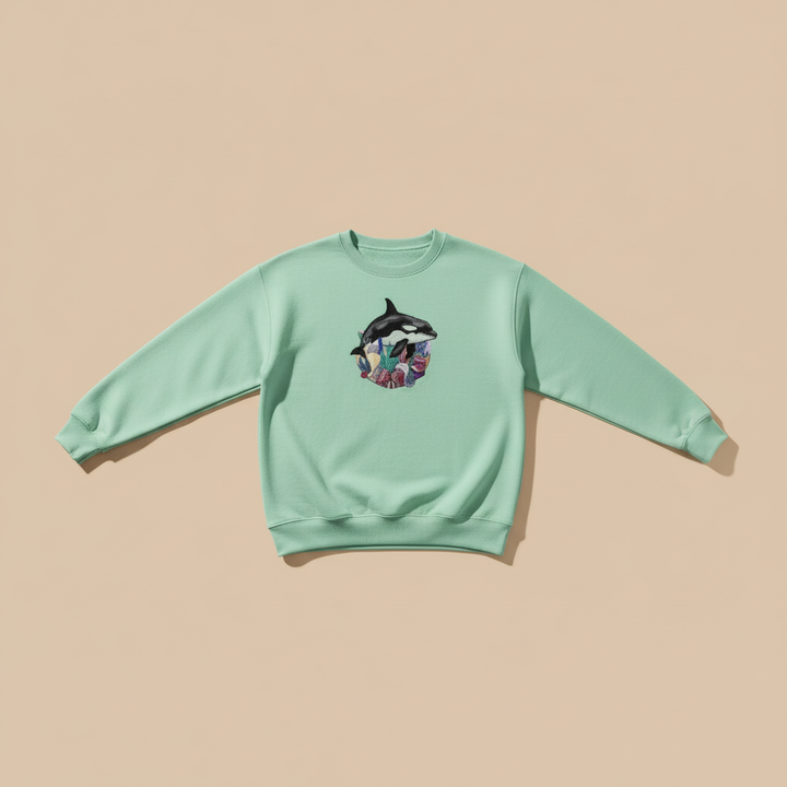 Ocean Spirit Orca Reef Garden — سويت شيرت (Crewneck) فاخر مطرّز للجنسين | تصميم أوريجينال (Original) من EmbroMania