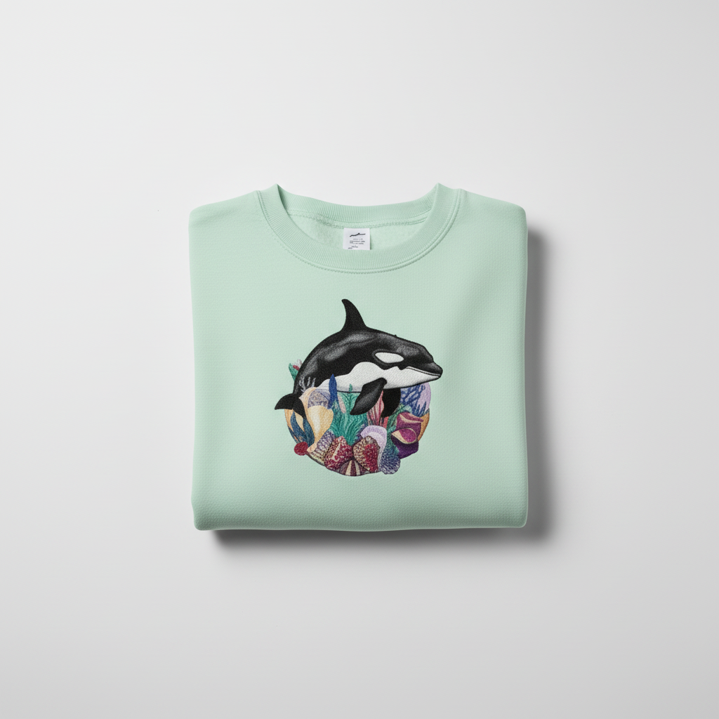 Ocean Spirit Orca Reef Garden — سويت شيرت (Crewneck) فاخر مطرّز للجنسين | تصميم أوريجينال (Original) من EmbroMania