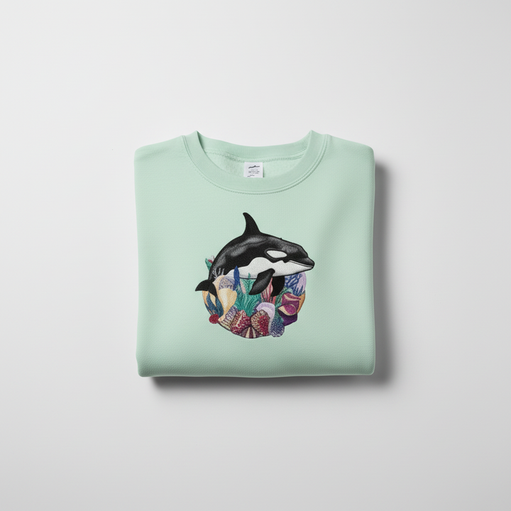 Ocean Spirit Orca Reef Garden — سويت شيرت (Crewneck) فاخر مطرّز للجنسين | تصميم أوريجينال (Original) من EmbroMania