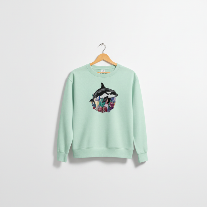 Ocean Spirit Orca Reef Garden — سويت شيرت (Crewneck) فاخر مطرّز للجنسين | تصميم أوريجينال (Original) من EmbroMania