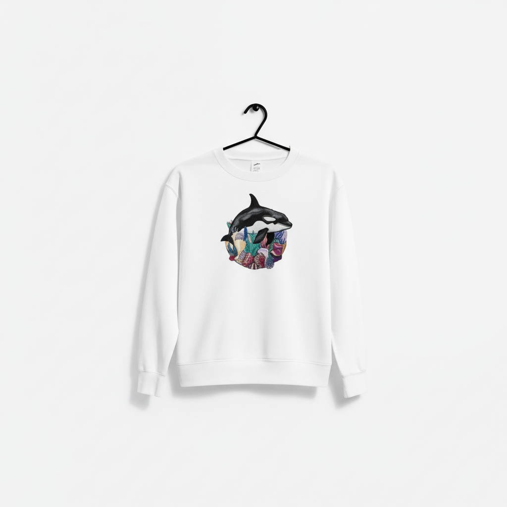 Ocean Spirit Orca Reef Garden — سويت شيرت (Crewneck) فاخر مطرّز للجنسين | تصميم أوريجينال (Original) من EmbroMania