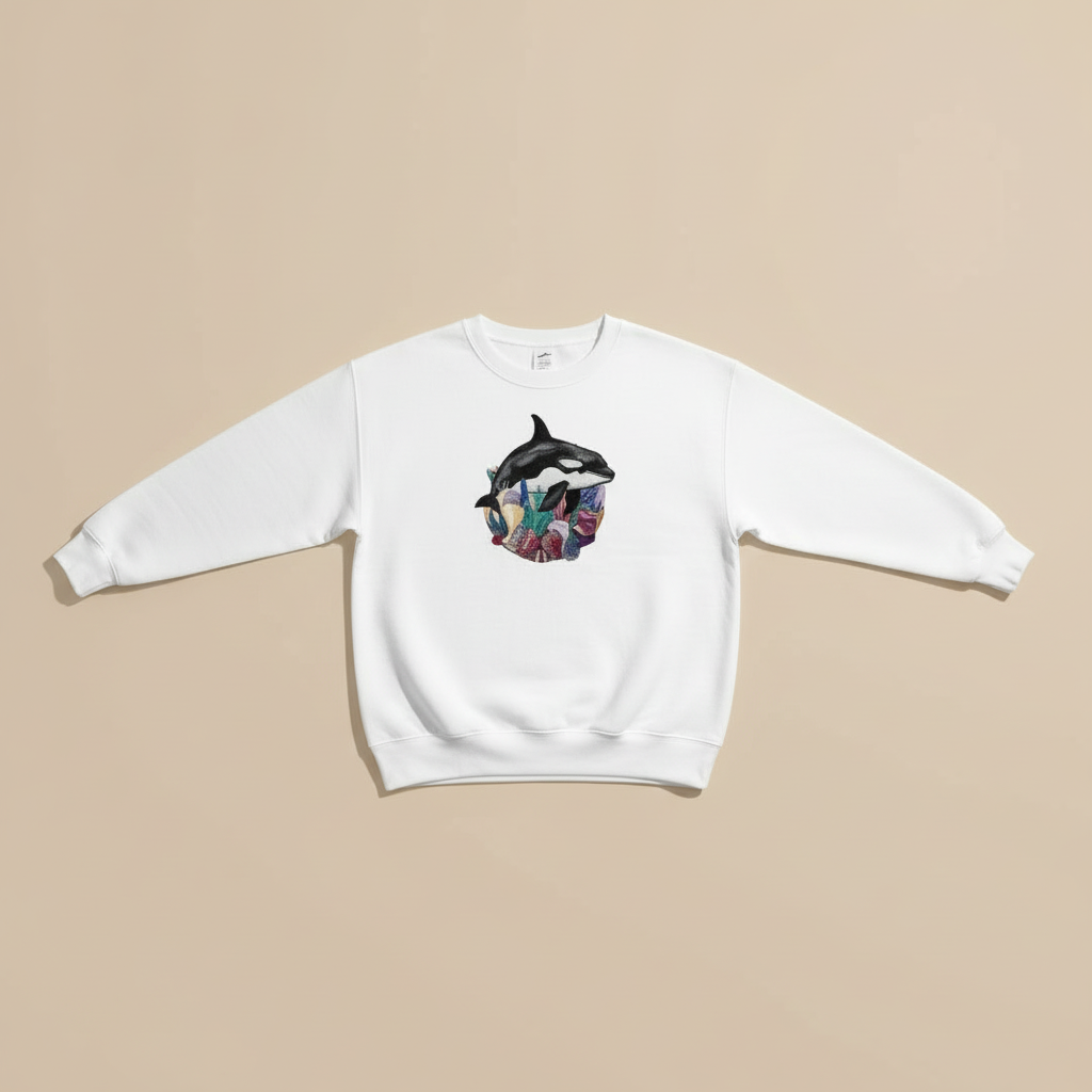Ocean Spirit Orca Reef Garden — سويت شيرت (Crewneck) فاخر مطرّز للجنسين | تصميم أوريجينال (Original) من EmbroMania