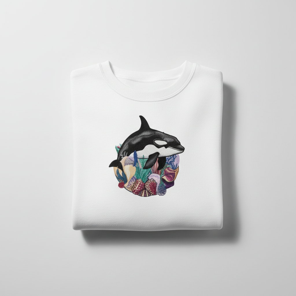 Ocean Spirit Orca Reef Garden — سويت شيرت (Crewneck) فاخر مطرّز للجنسين | تصميم أوريجينال (Original) من EmbroMania