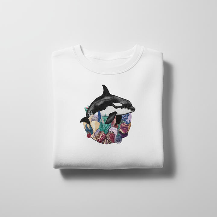 Ocean Spirit Orca Reef Garden — سويت شيرت (Crewneck) فاخر مطرّز للجنسين | تصميم أوريجينال (Original) من EmbroMania