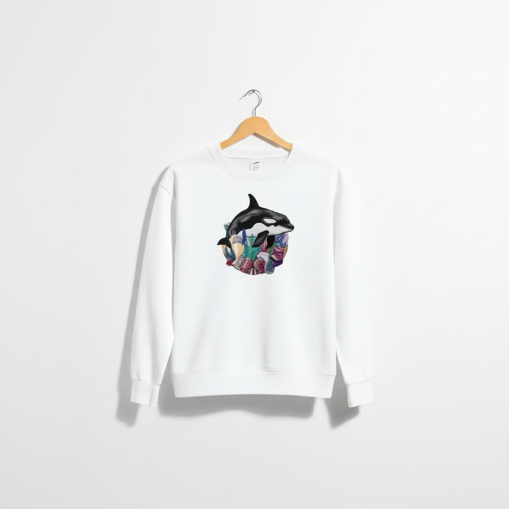 Ocean Spirit Orca Reef Garden — سويت شيرت (Crewneck) فاخر مطرّز للجنسين | تصميم أوريجينال (Original) من EmbroMania