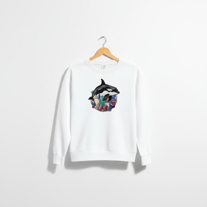 Ocean Spirit Orca Reef Garden — سويت شيرت (Crewneck) فاخر مطرّز للجنسين | تصميم أوريجينال (Original) من EmbroMania
