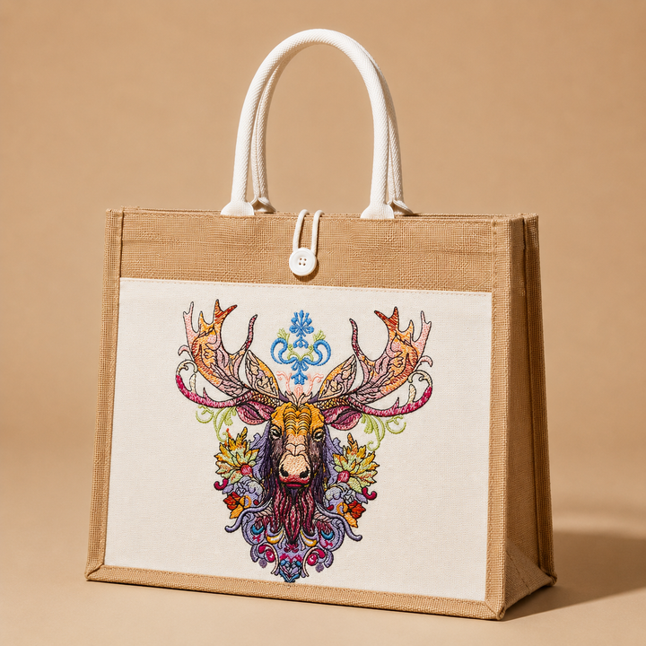 Jute bag with a colorful deer head design on a beige background