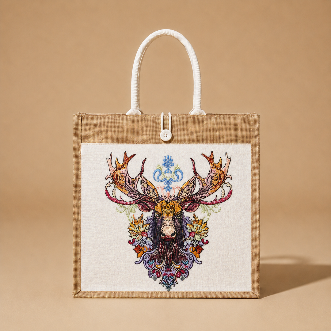 Tote bag with a colorful deer head design on a beige background