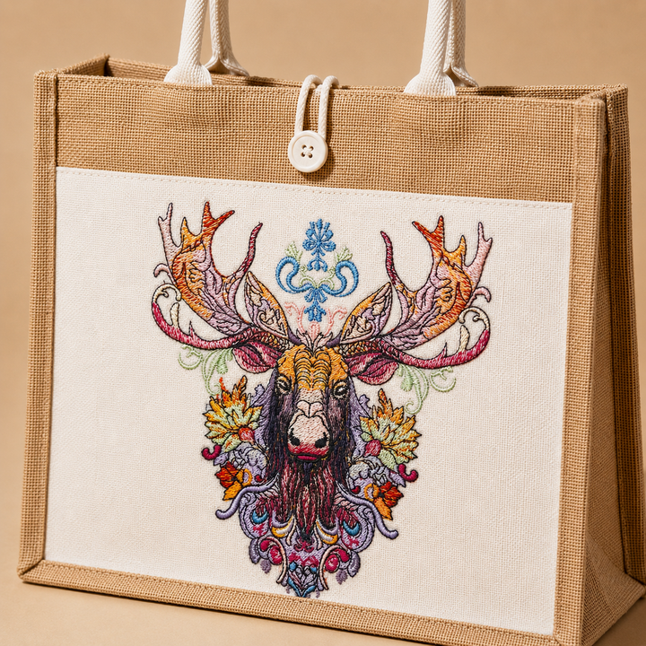 Jute bag with a colorful moose design on a beige background