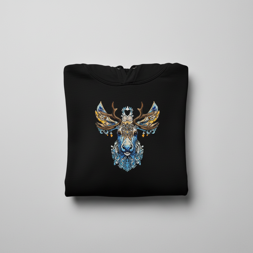 Ornate Moose Machine Embroidered Hoodie – Hand Finished in Dubai | EmbroMania
