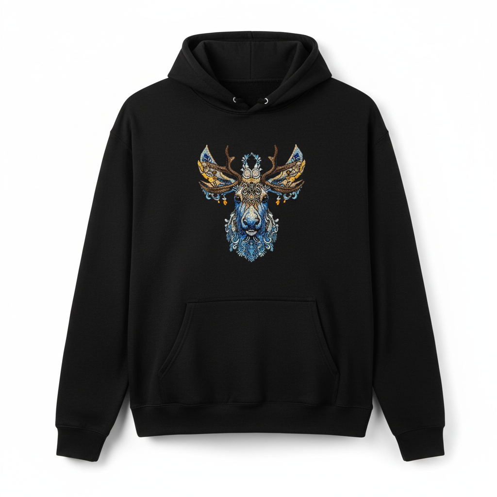 Ornate Moose Machine Embroidered Hoodie – Hand Finished in Dubai | EmbroMania