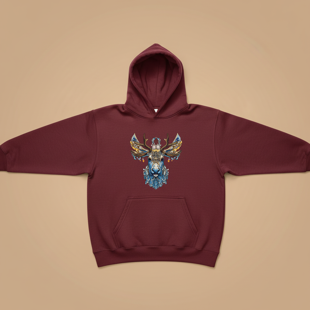 Ornate Moose Machine Embroidered Hoodie – Hand Finished in Dubai | EmbroMania