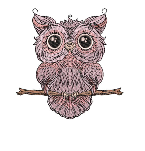 Pink owl sitting on a branch with intricate detailing on a white background