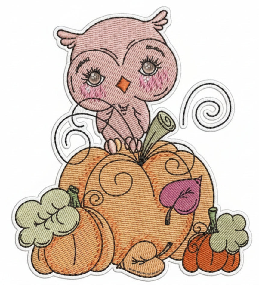 Cartoon owl sitting on a pumpkin with small pumpkins around on a white background