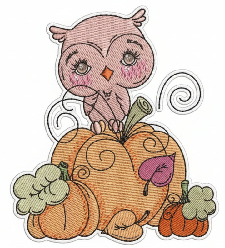 Cartoon owl sitting on a pumpkin with small pumpkins around on a white background