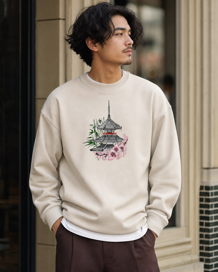 Zen Pagoda &amp; Sakura Machine Embroidered Sweatshirt – Hand Finished in Dubai | EmbroMania