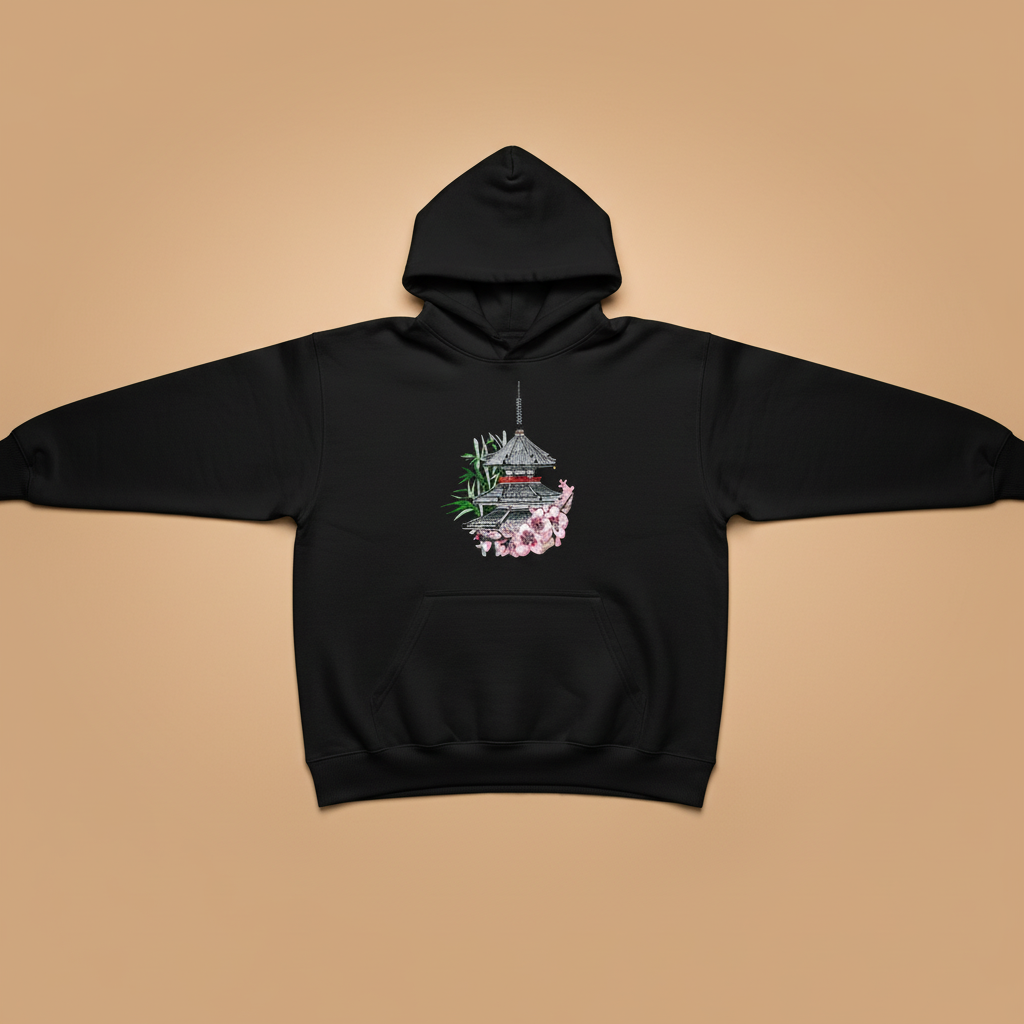 Japanese Pagoda &amp; Sakura — Premium Embroidered Hoodie | Original EmbroMania Design