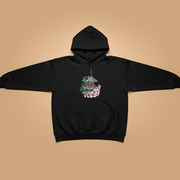 Japanese Pagoda &amp; Sakura — Premium Embroidered Hoodie | Original EmbroMania Design