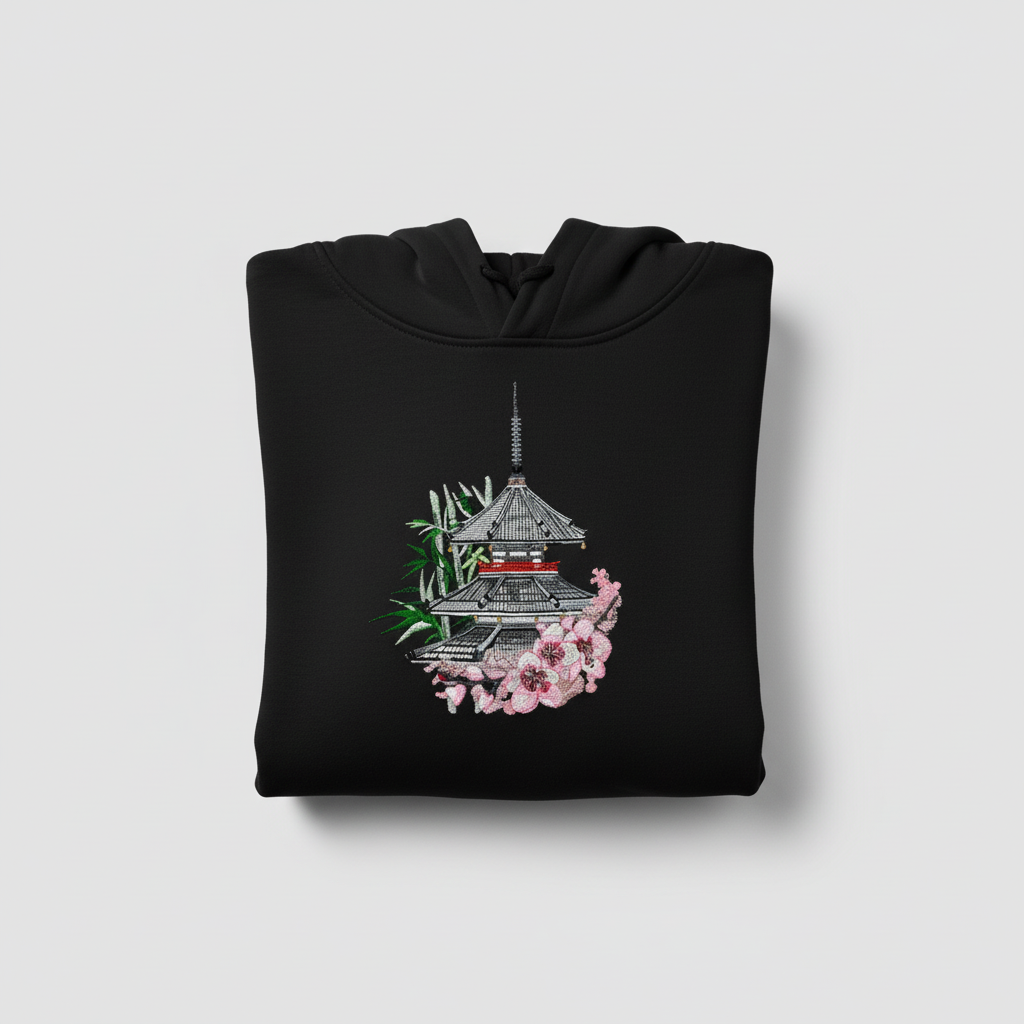Japanese Pagoda &amp; Sakura — Premium Embroidered Hoodie | Original EmbroMania Design