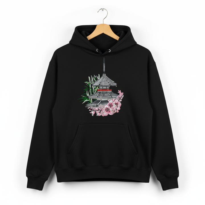 Japanese Pagoda &amp; Sakura — Premium Embroidered Hoodie | Original EmbroMania Design
