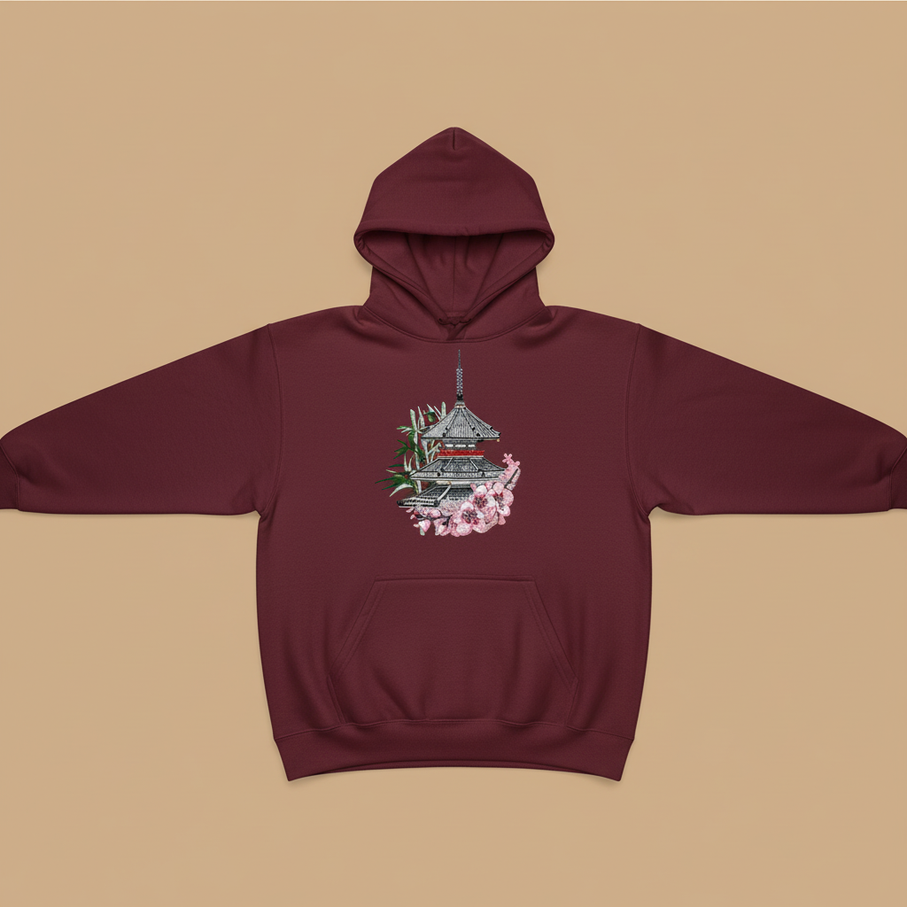 Japanese Pagoda &amp; Sakura — Premium Embroidered Hoodie | Original EmbroMania Design