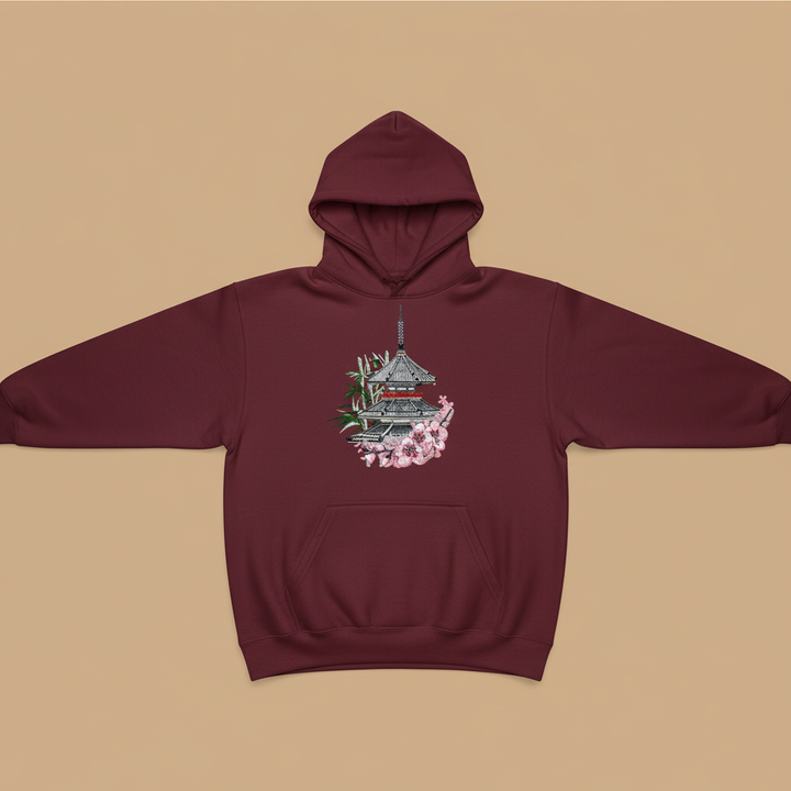 Japanese Pagoda &amp; Sakura — Premium Embroidered Hoodie | Original EmbroMania Design