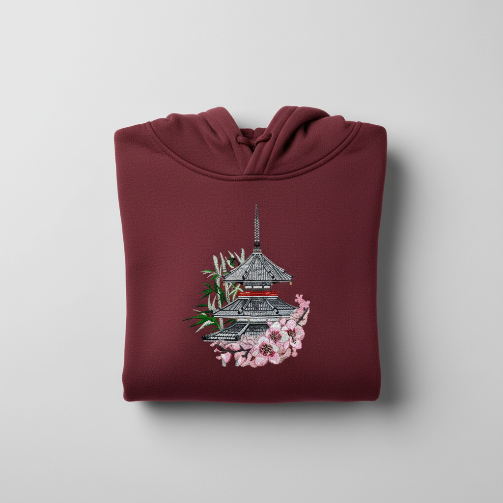 Japanese Pagoda &amp; Sakura — Premium Embroidered Hoodie | Original EmbroMania Design