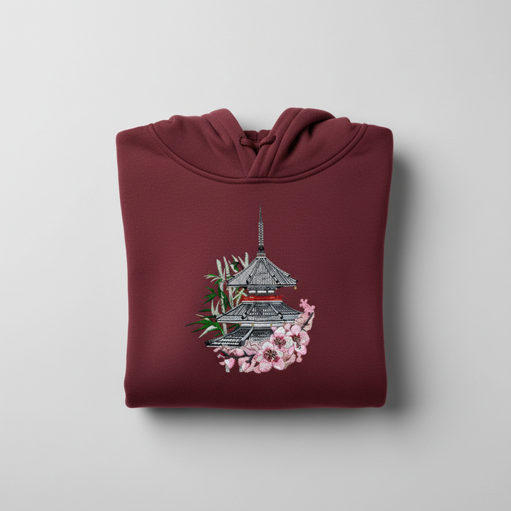 Japanese Pagoda &amp; Sakura — Premium Embroidered Hoodie | Original EmbroMania Design